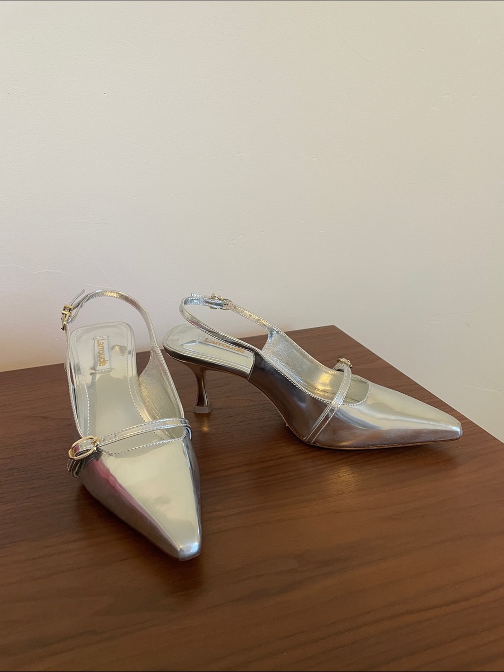 Larroude Metallic Silver Pointed Slingback Heels